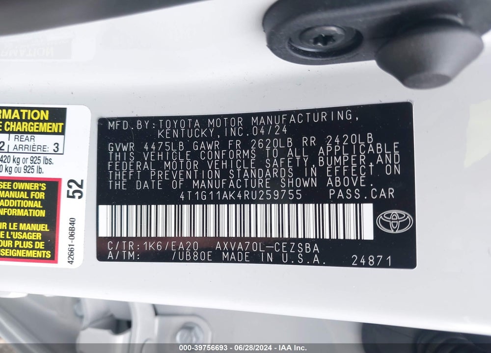 2024 TOYOTA CAMRY SE VIN: 4T1G11AK4RU259755