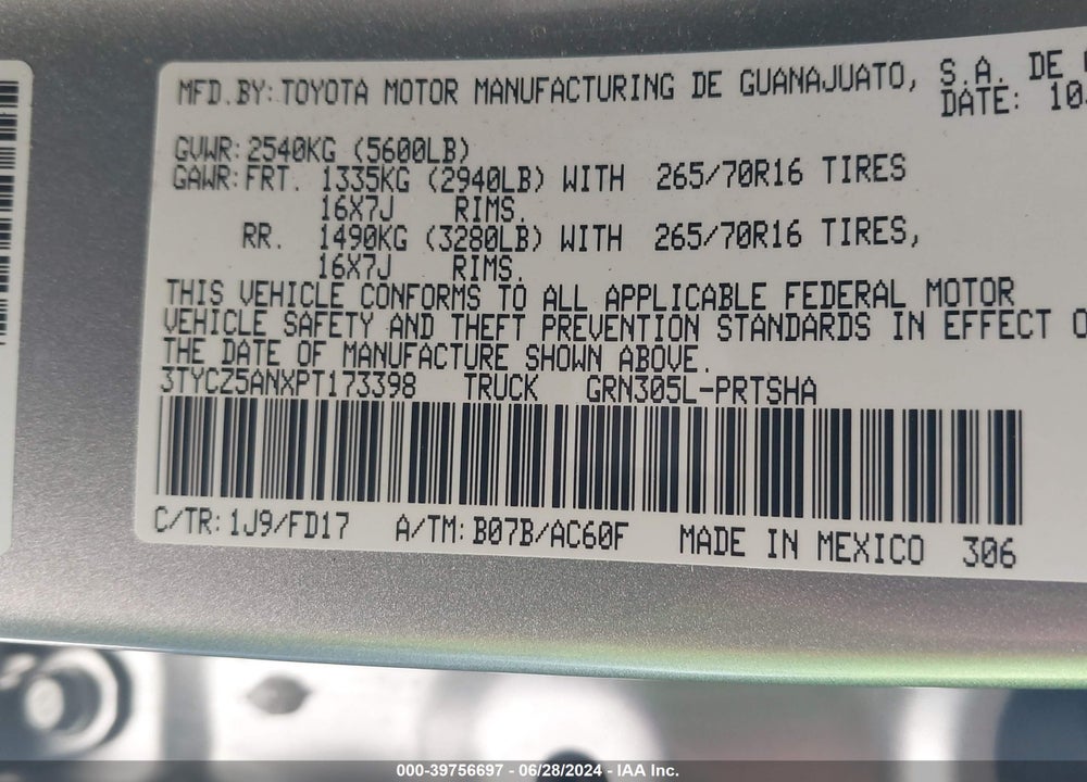 2023 TOYOTA TACOMA TRD OFF ROAD VIN: 3TYCZ5ANXPT173398