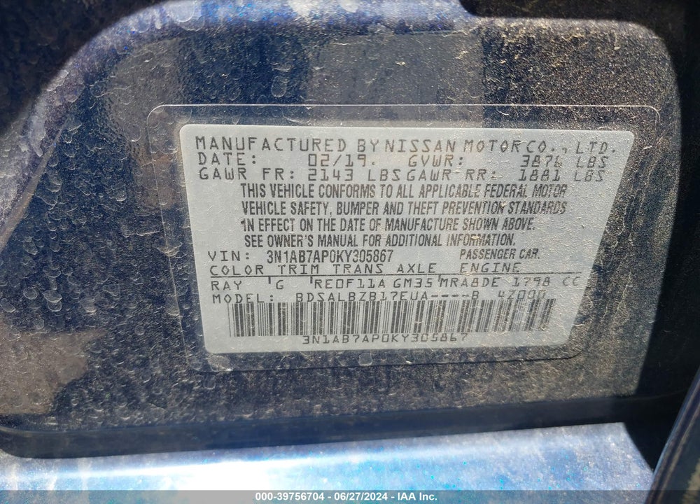 2019 NISSAN SENTRA S VIN: 3N1AB7AP0KY305867