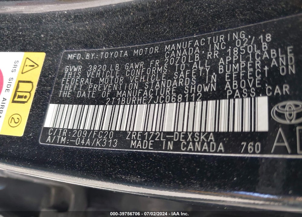2018 TOYOTA COROLLA SE VIN: 2T1BURHE7JC068112