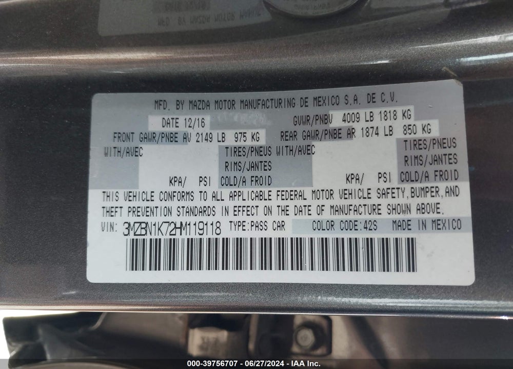 2017 MAZDA 3 SPORT VIN: 3MZBN1K72HM119118
