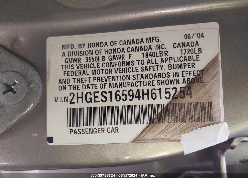 2004 HONDA CIVIC VIN: 2HGES16594H615254