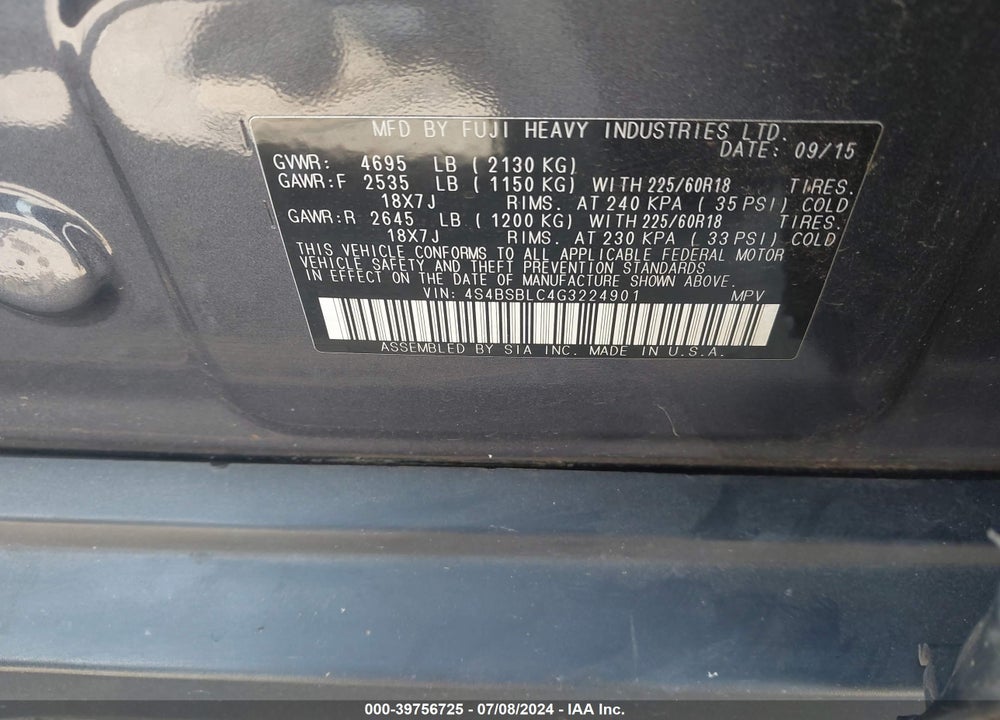 2016 SUBARU OUTBACK 2.5I LIMITED VIN: 4S4BSBLC4G3224901