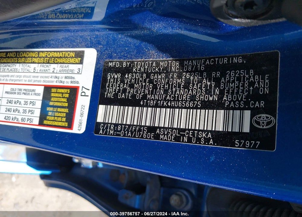 2017 TOYOTA CAMRY SE VIN: 4T1BF1FK4HU656675