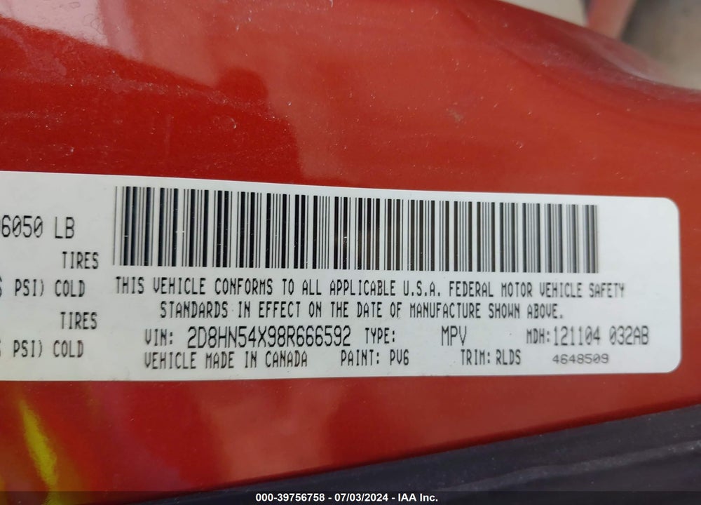 2008 DODGE GRAND CARAVAN SXT VIN: 2D8HN54X98R666592