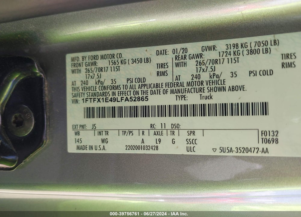 2020 FORD F-150 XL VIN: 1FTFX1E49LFA52865
