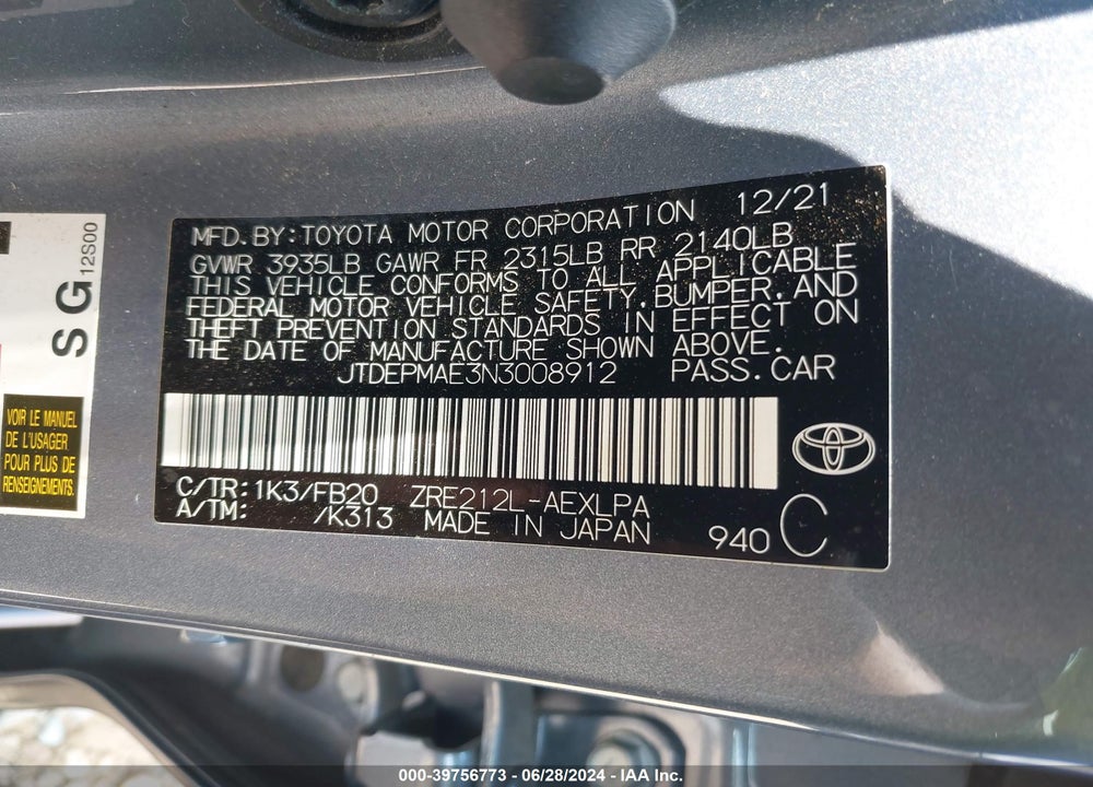 2022 TOYOTA COROLLA LE VIN: JTDEPMAE3N3008912