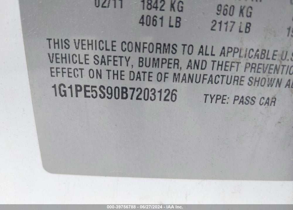2011 CHEVROLET CRUZE LT VIN: 1G1PE5S90B7203126