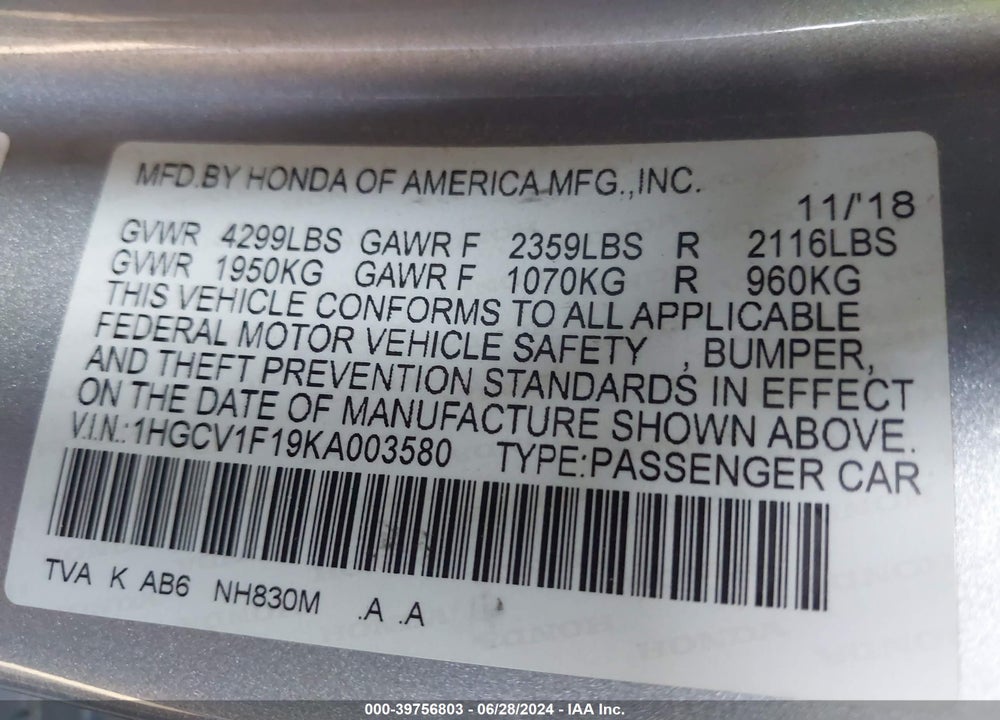 2019 HONDA ACCORD LX VIN: 1HGCV1F19KA003580