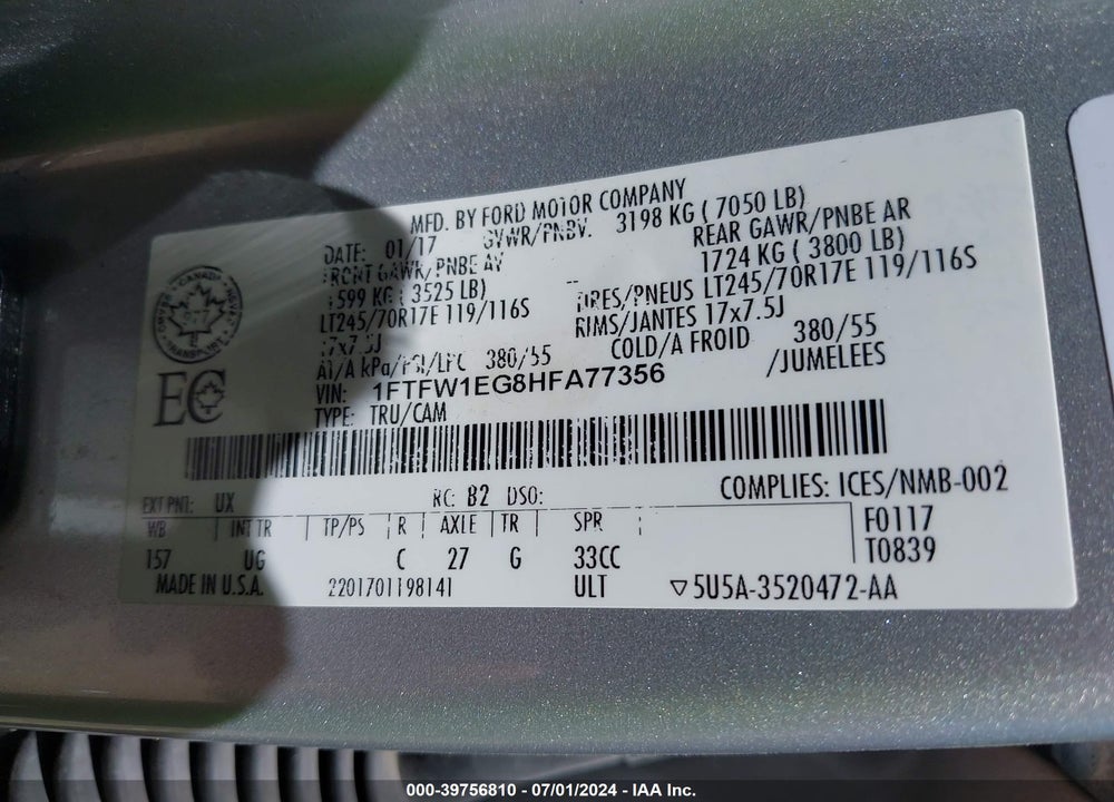 2017 FORD F-150 XLT VIN: 1FTFW1EG8HFA77356