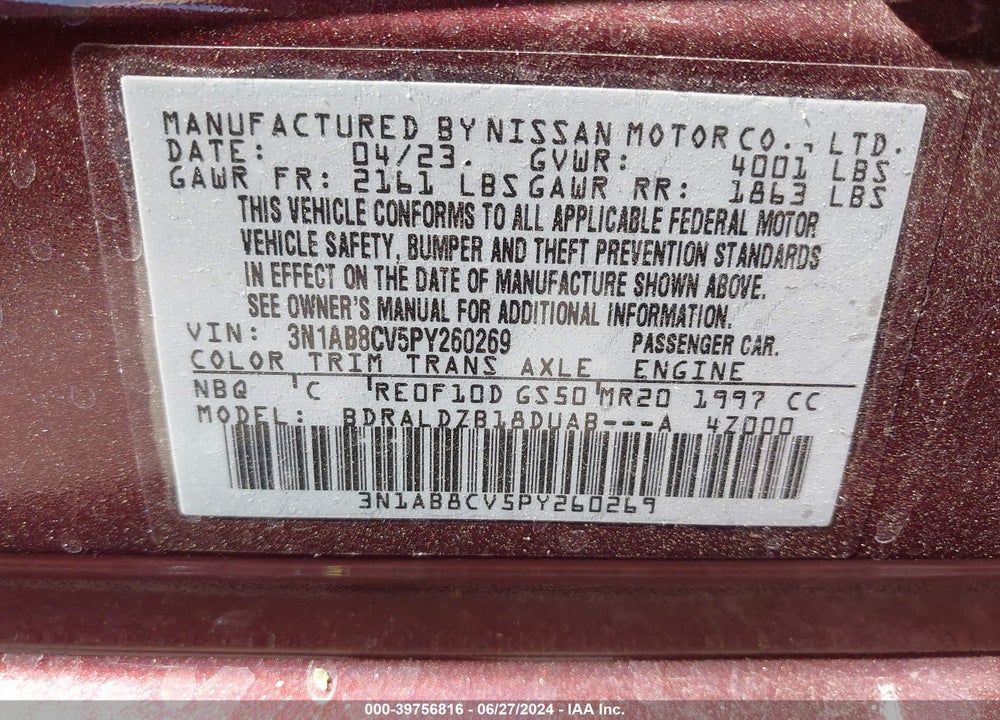 2023 NISSAN SENTRA SV XTRONIC CVT VIN: 3N1AB8CV5PY260269