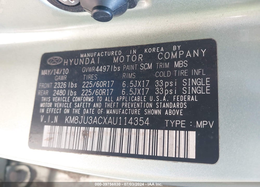 2010 HYUNDAI TUCSON VIN: KM8JU3ACXAU114354