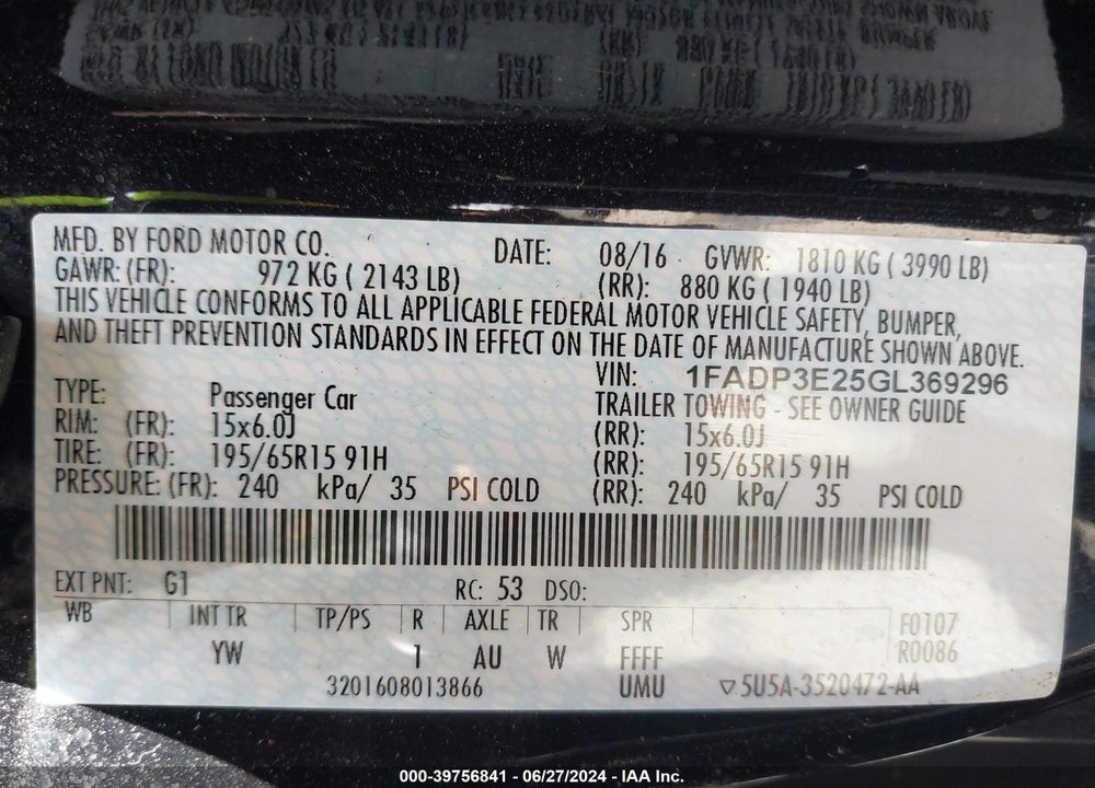 2016 FORD FOCUS S VIN: 1FADP3E25GL369296