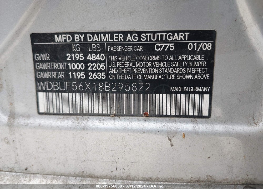 2008 MERCEDES-BENZ E 350 VIN: WDBUF56X18B295822