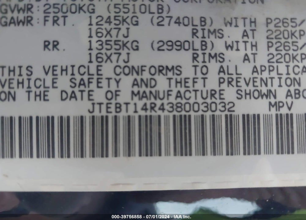 2003 TOYOTA 4RUNNER SR5 V8 VIN: JTEBT14R438003032