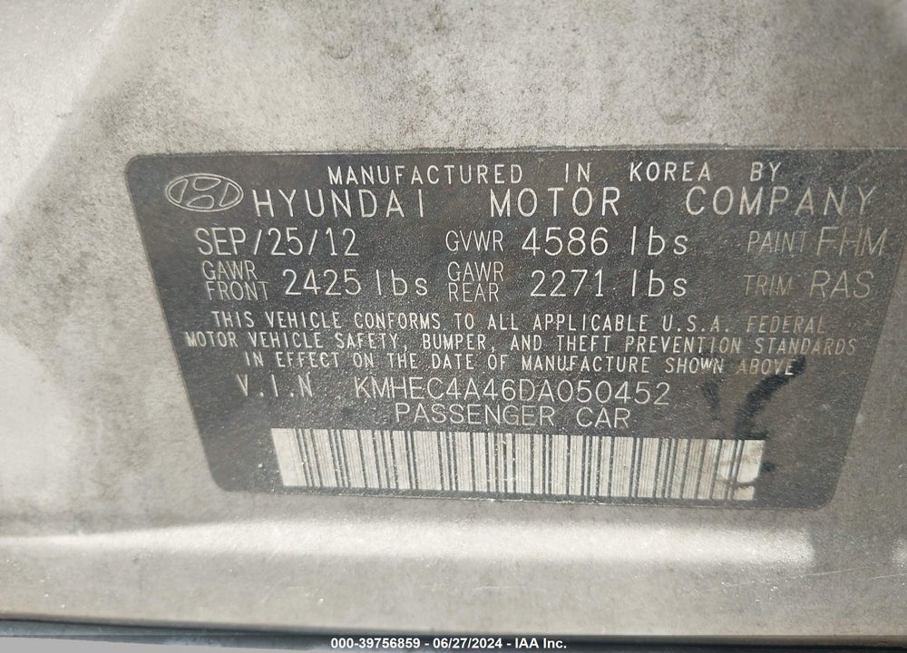 2013 HYUNDAI SONATA HYBRID LIMITED VIN: KMHEC4A46DA050452