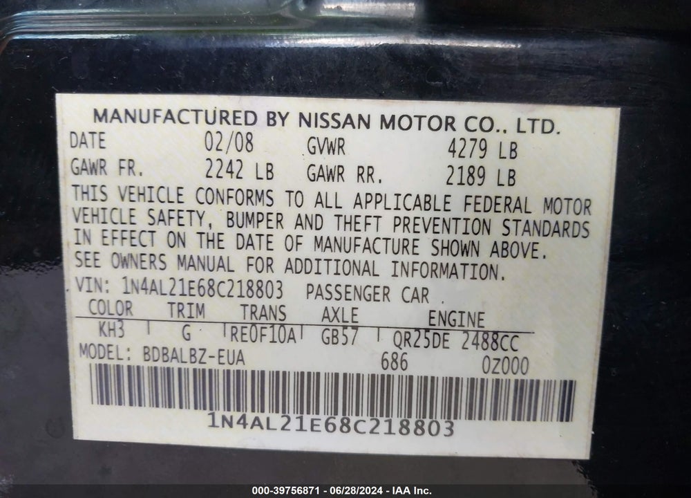 2008 NISSAN ALTIMA 2.5 S VIN: 1N4AL21E68C218803