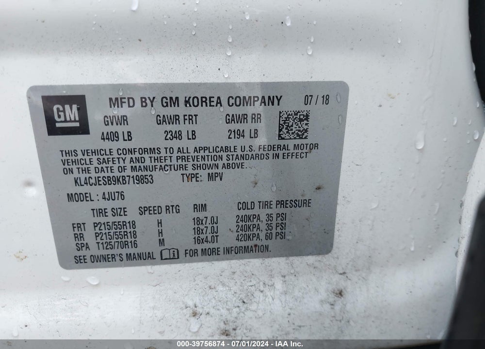 2019 BUICK ENCORE AWD PREFERRED VIN: KL4CJESB9KB719853