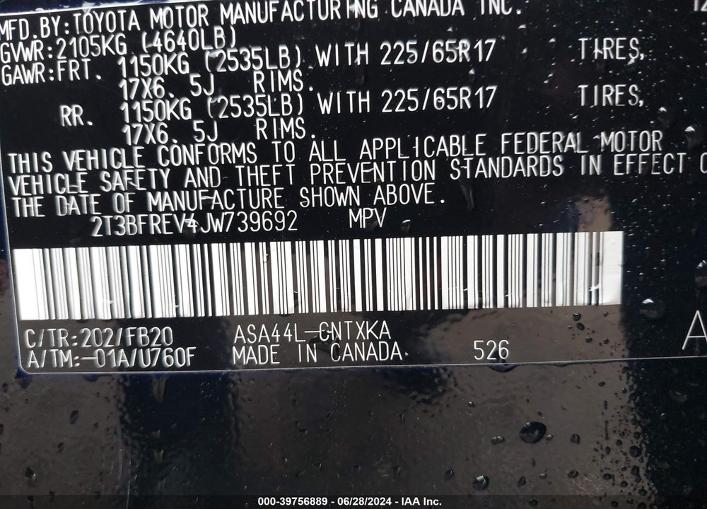 2018 TOYOTA RAV4 LE VIN: 2T3BFREV4JW739692