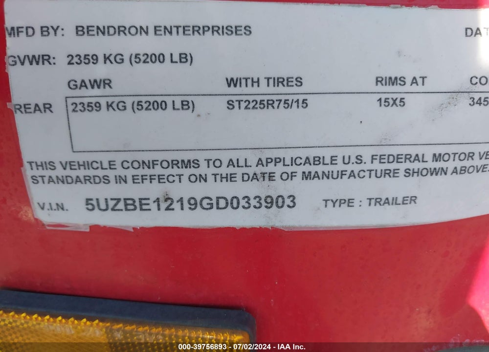 2016 BEN TRAILER VIN: 5UZBE1219GD033903