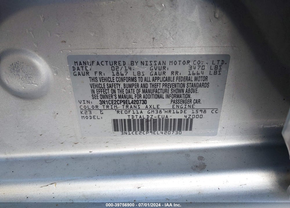2014 NISSAN VERSA NOTE S (SR)/S PLUS/SV VIN: 3N1CE2CP9EL420730
