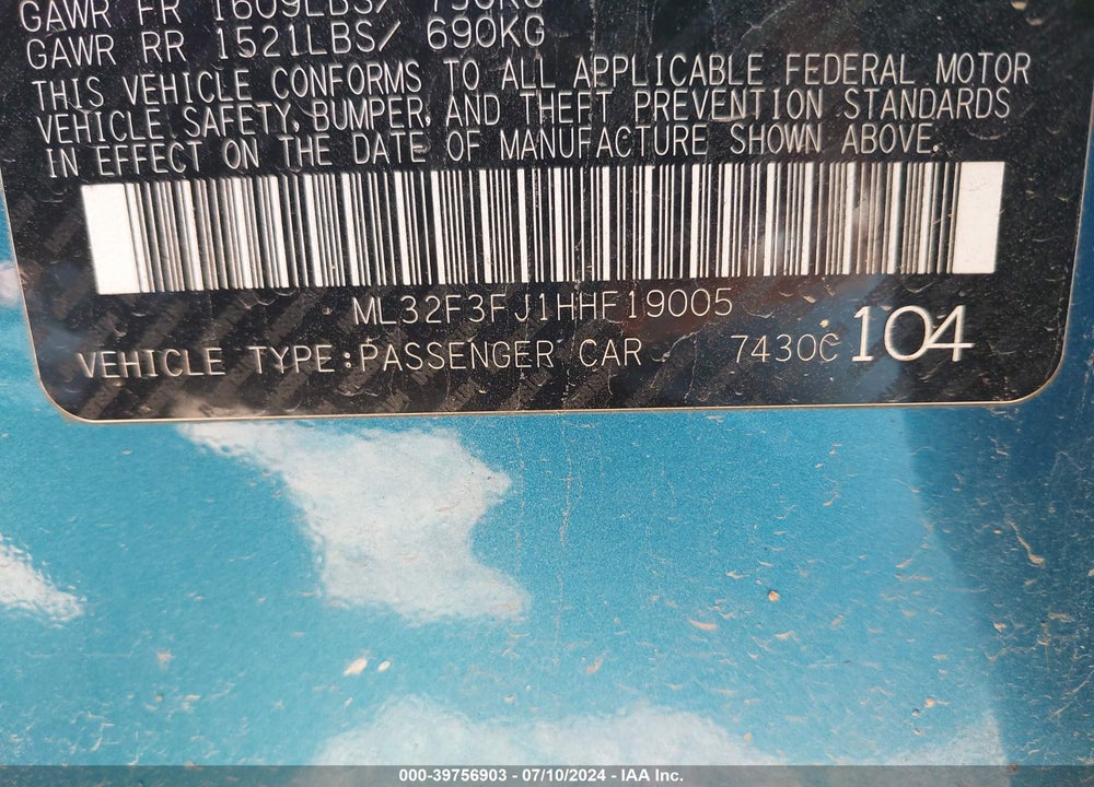 2017 MITSUBISHI MIRAGE G4 ES VIN: ML32F3FJ1HHF19005