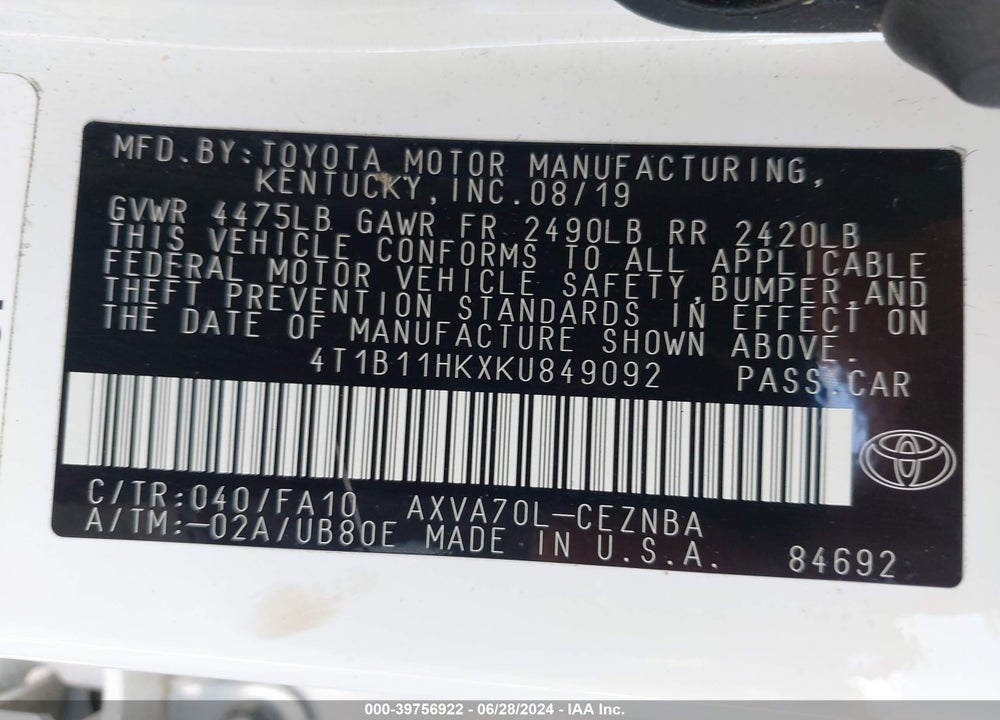 2019 TOYOTA CAMRY LE VIN: 4T1B11HKXKU849092