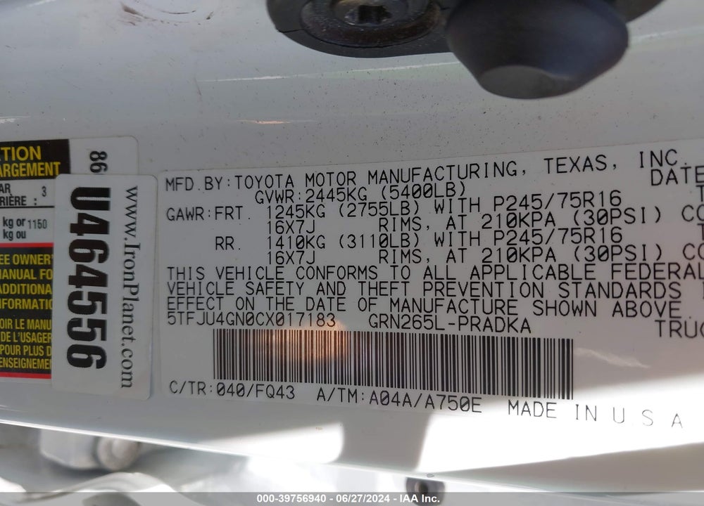 2012 TOYOTA TACOMA PRERUNNER V6 VIN: 5TFJU4GN0CX017183