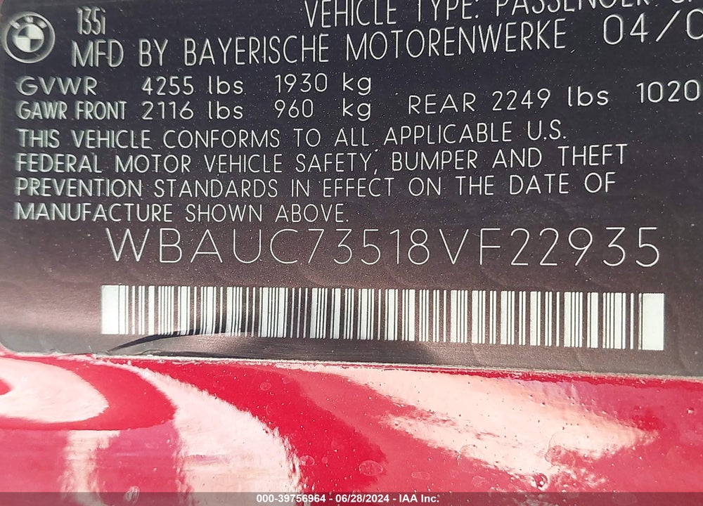 2008 BMW 135I VIN: WBAUC73518VF22935