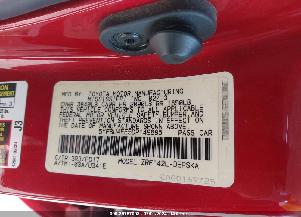 2013 TOYOTA COROLLA VIN: 5YFBU4EE5DP149685