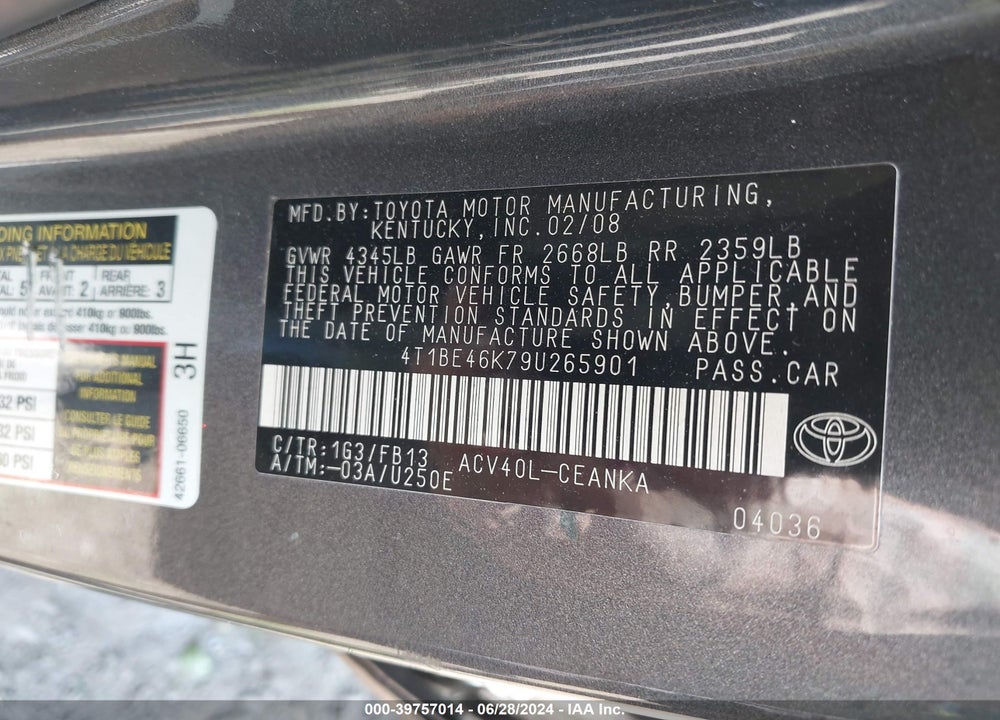 2009 TOYOTA CAMRY LE VIN: 4T1BE46K79U265901