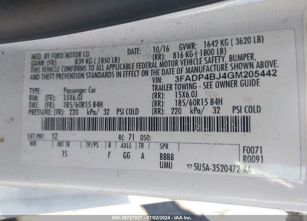 2016 FORD FIESTA SE VIN: 3FADP4BJ4GM205442