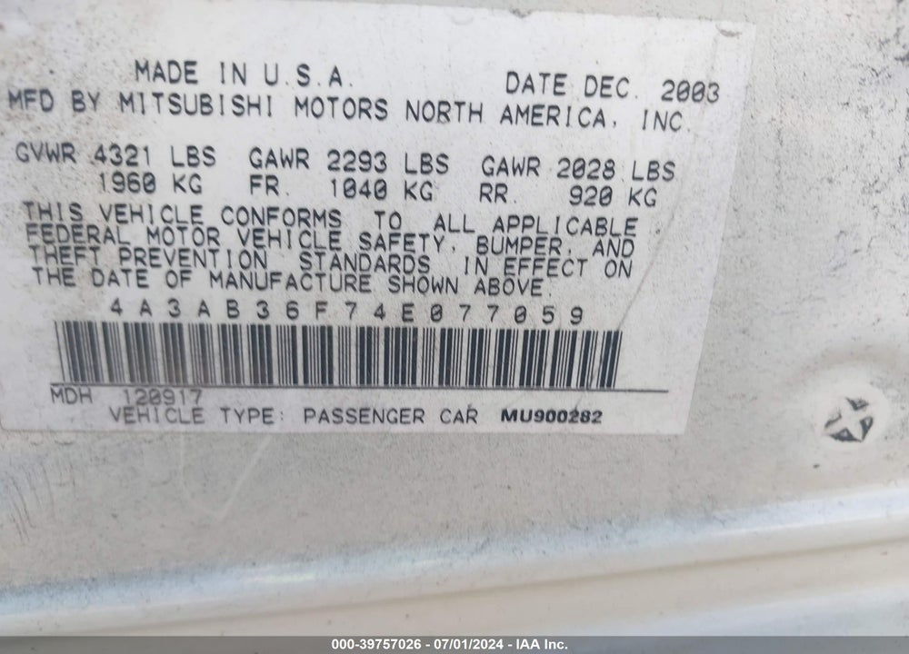 2004 MITSUBISHI GALANT ES VIN: 4A3AB36F74E077059
