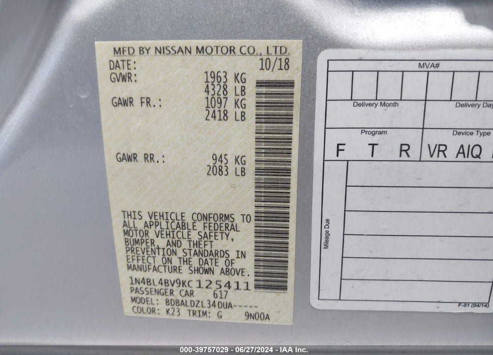 2019 NISSAN ALTIMA 2.5 S VIN: 1N4BL4BV9KC125411