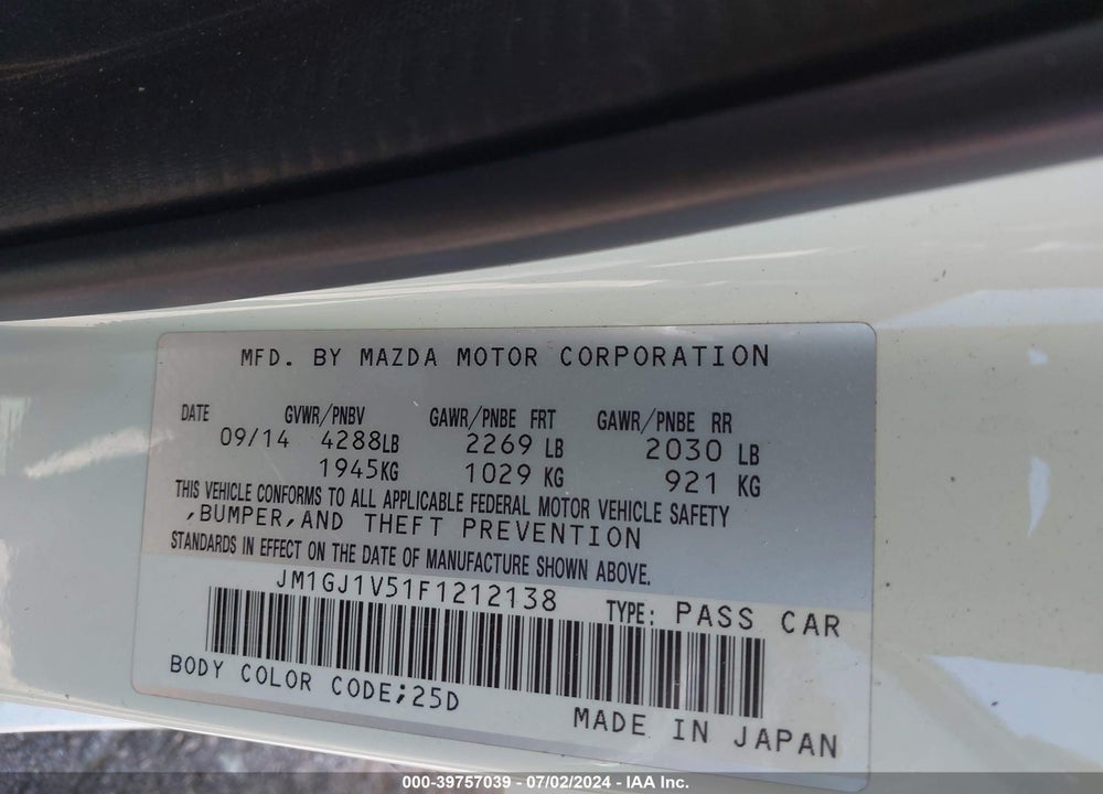 2015 MAZDA 6 VIN: JM1GJ1V51F1212138