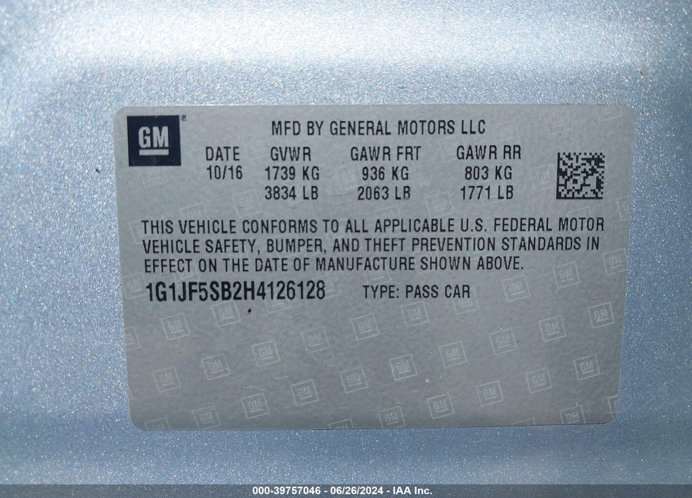 2017 CHEVROLET SONIC PREMIER AUTO VIN: 1G1JF5SB2H4126128
