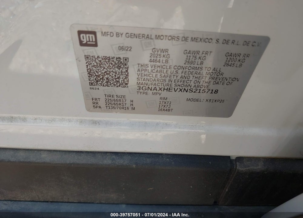2022 CHEVROLET EQUINOX FWD LS VIN: 3GNAXHEVXNS215718