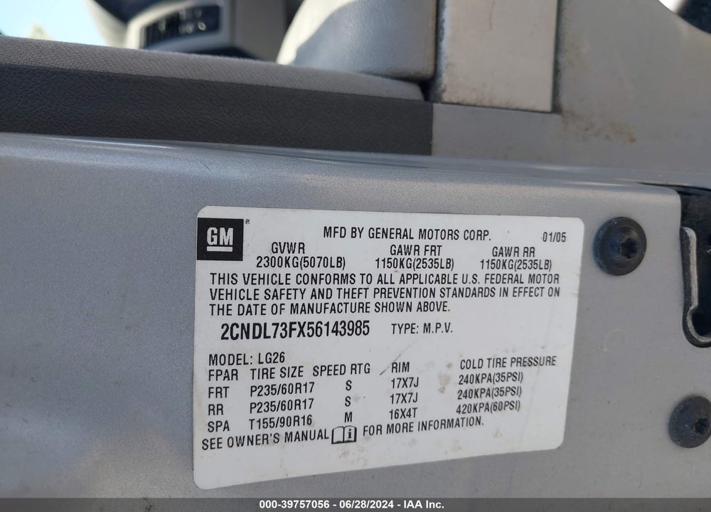 2005 CHEVROLET EQUINOX LT VIN: 2CNDL73FX56143985
