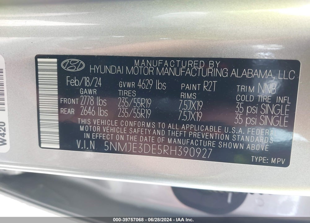 2024 HYUNDAI TUCSON LIMITED VIN: 5NMJE3DE5RH390927