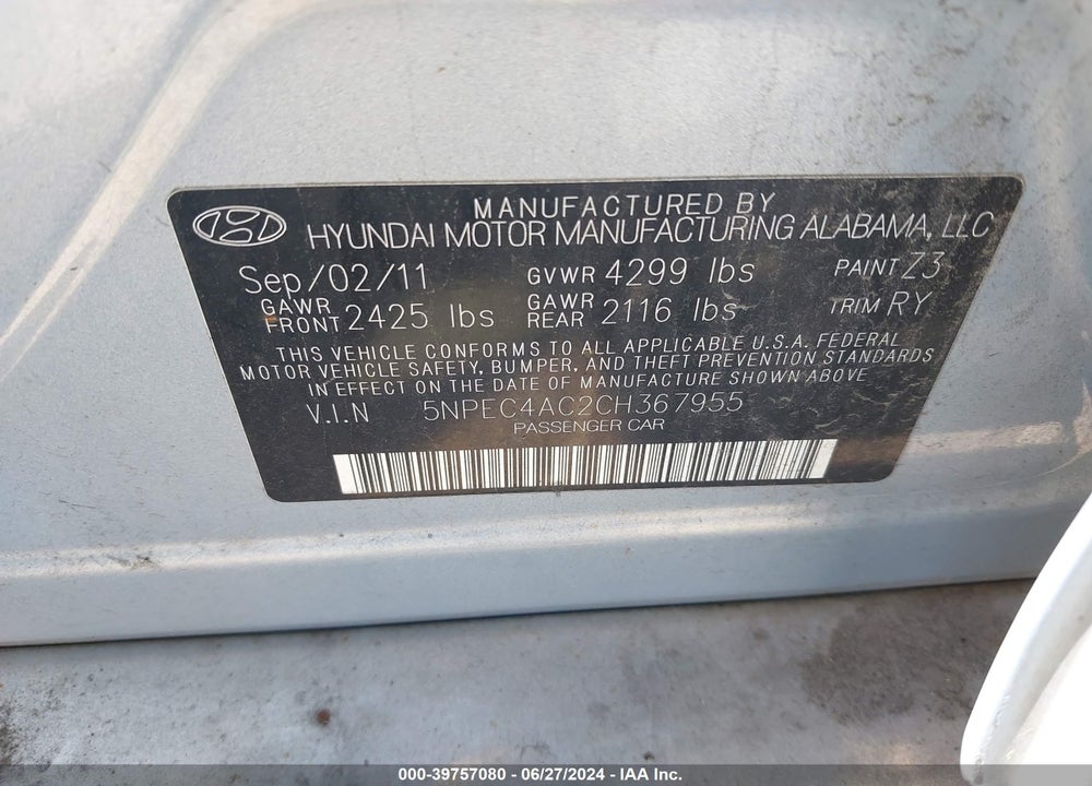 2012 HYUNDAI SONATA SE VIN: 5NPEC4AC2CH367955