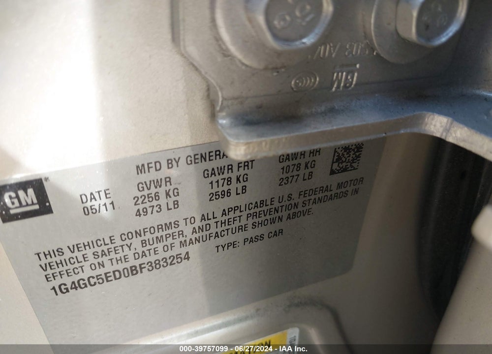 2011 BUICK LACROSSE CXL VIN: 1G4GC5ED0BF383254