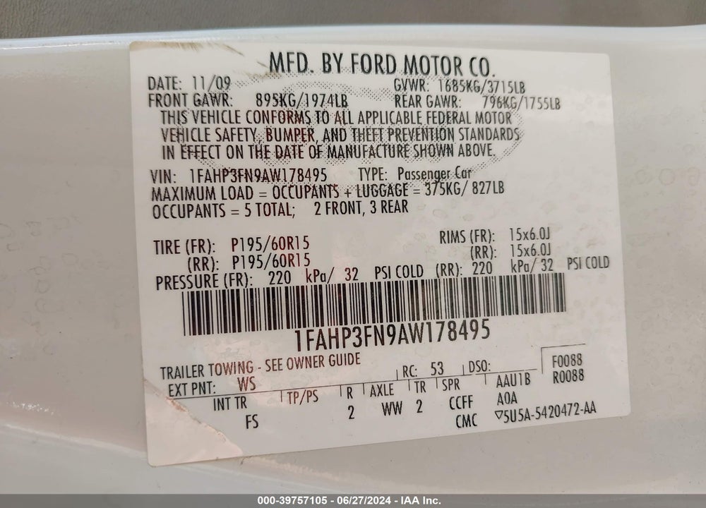 2010 FORD FOCUS SE VIN: 1FAHP3FN9AW178495