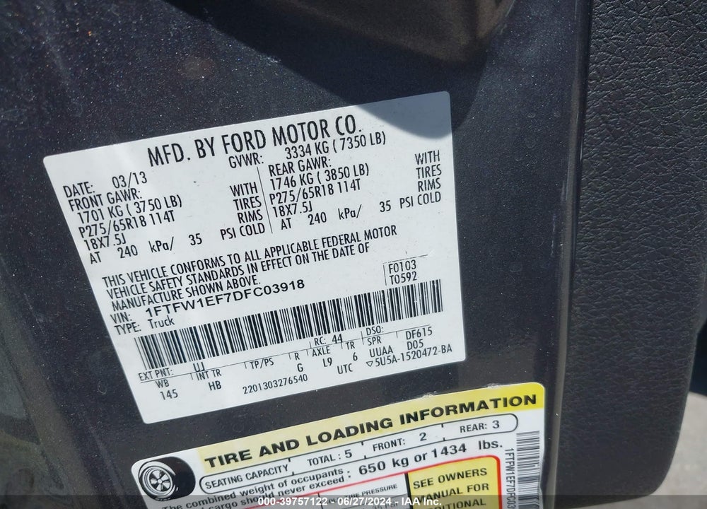 2013 FORD F-150 LARIAT VIN: 1FTFW1EF7DFC03918