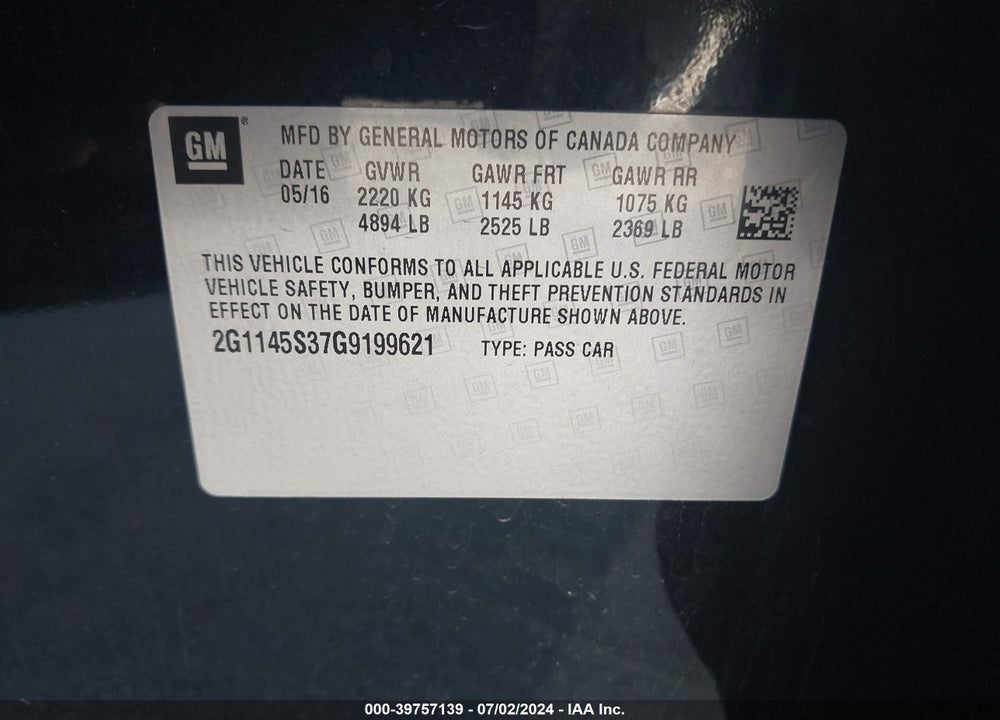 2016 CHEVROLET IMPALA 2LZ VIN: 2G1145S37G9199621