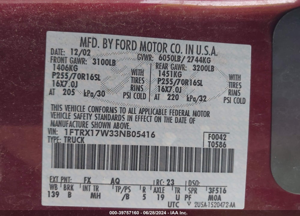 2003 FORD F-150 LARIAT/XL/XLT/XLT HERITAGE VIN: 1FTRX17W33NB05416