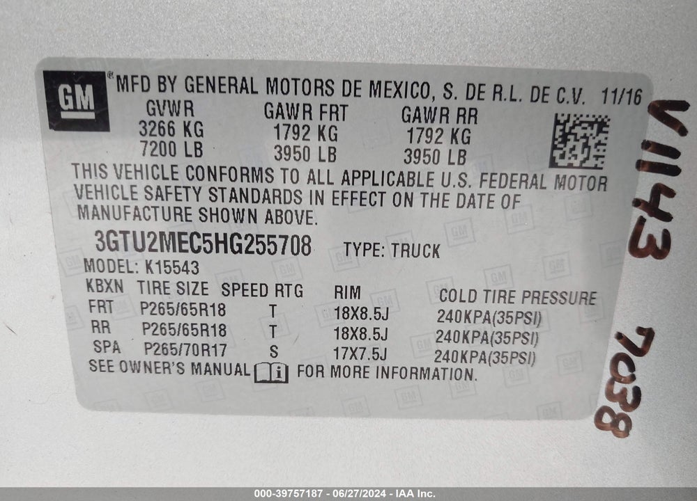 2017 GMC SIERRA 1500 SLE VIN: 3GTU2MEC5HG255708