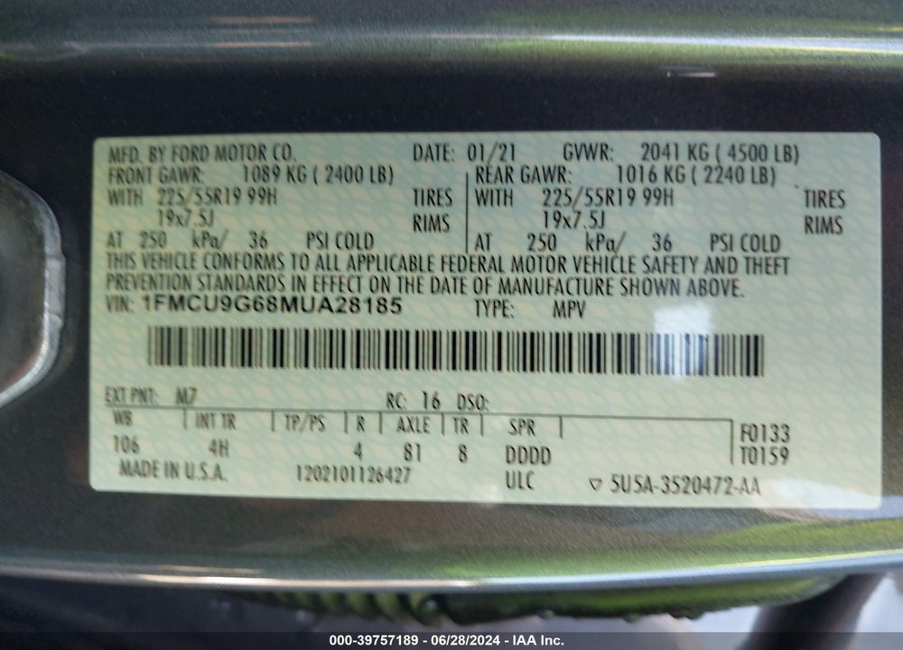 2021 FORD ESCAPE SE VIN: 1FMCU9G68MUA28185