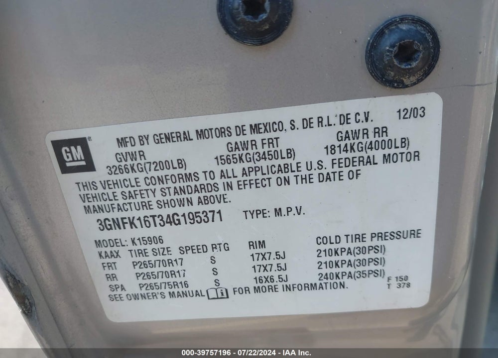 2004 CHEVROLET SUBURBAN 1500 Z71 VIN: 3GNFK16T34G195371