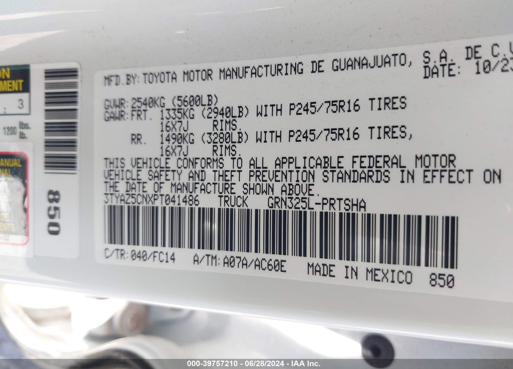 2023 TOYOTA TACOMA SR5 V6 VIN: 3TYAZ5CNXPT041486
