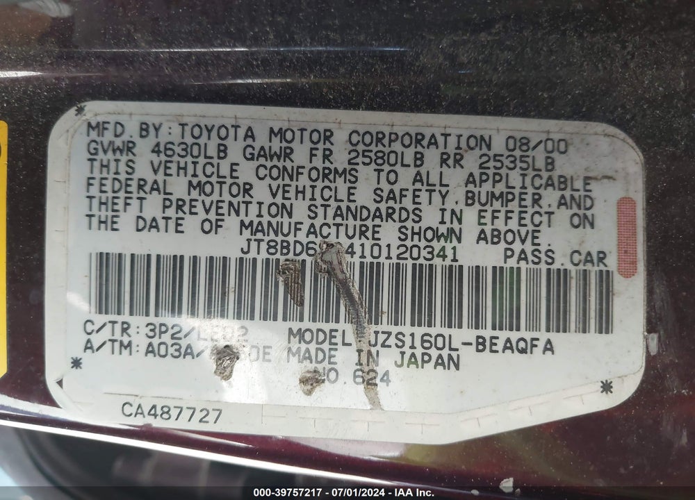 2001 LEXUS GS 300 VIN: JT8BD69S410120341